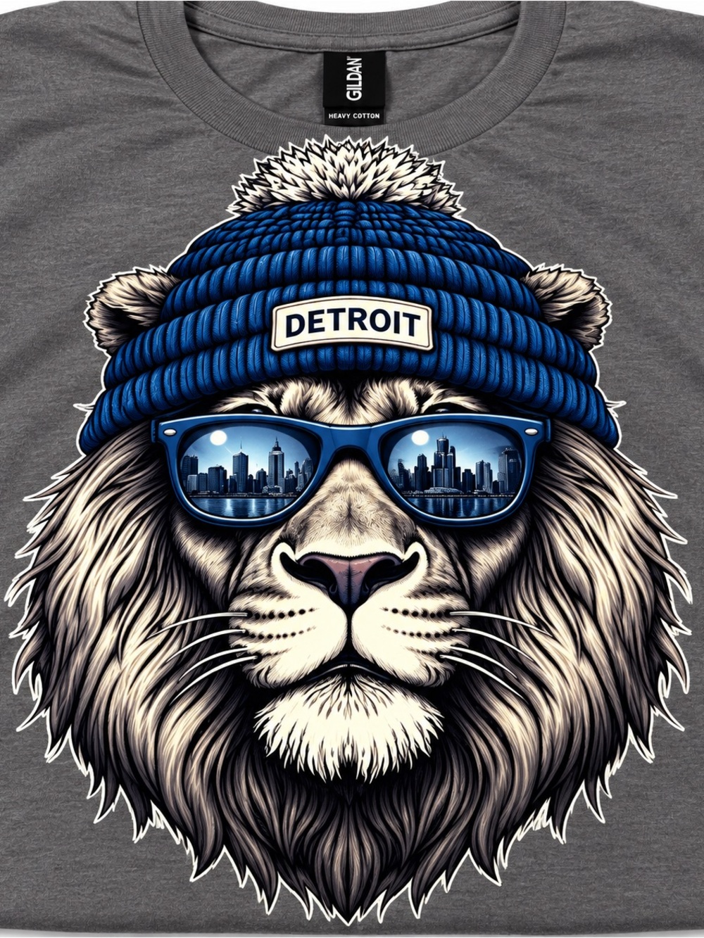 Gildan Men’s Gray Tee with Blue Beanie Lion Graphic